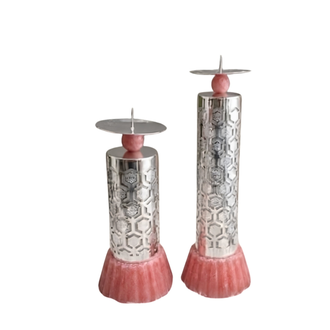 Luxury Silver Plated Pillar Candle Holder Set of 2 in Premium Pink Velvet Box