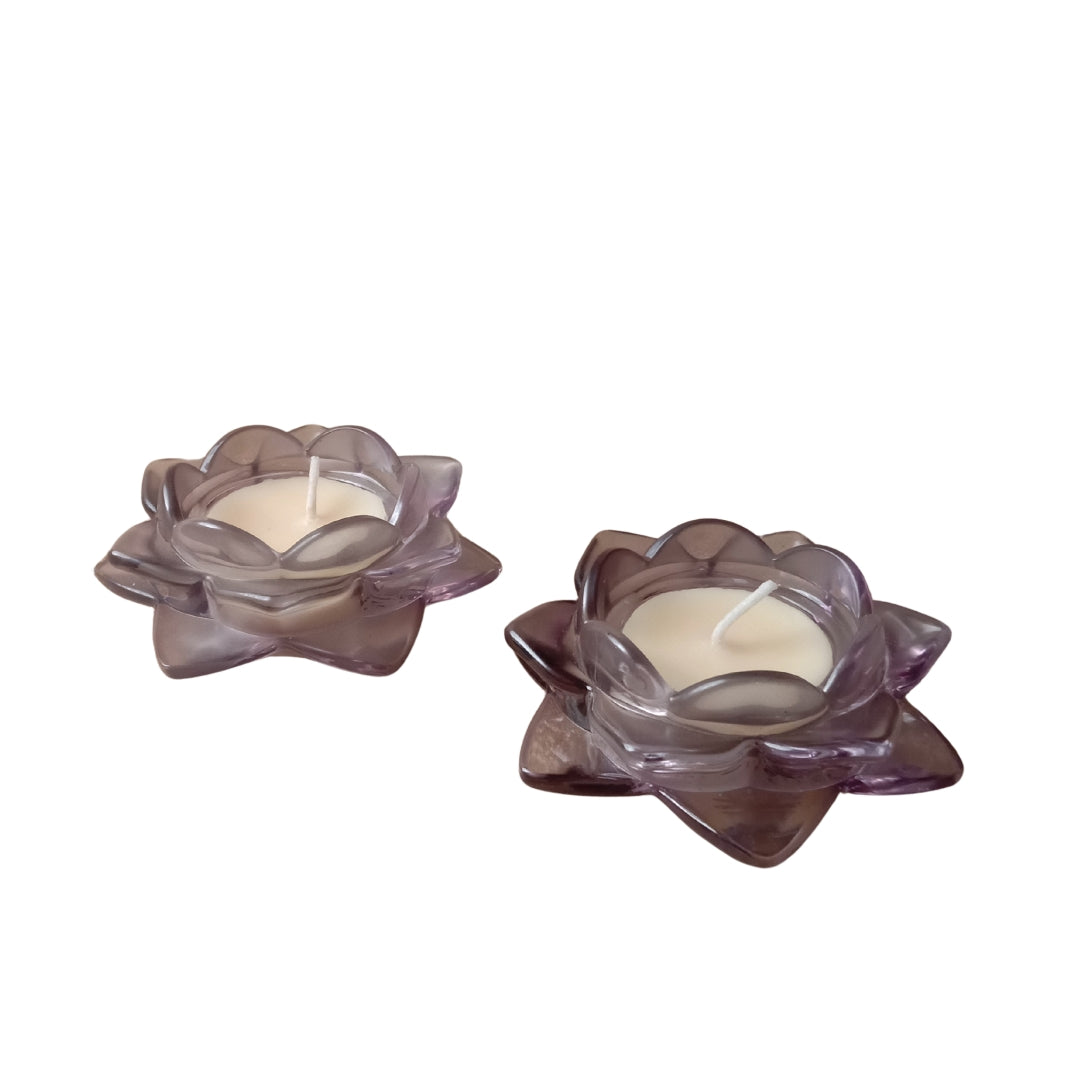 Grey Glass Lotus Candle Holder - Scented Wax Tealight Set (Set of 2)