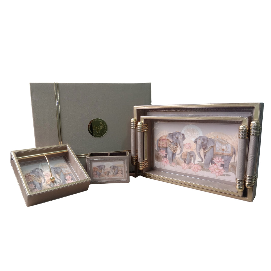 Royal Elephant Leatherette Serving Tray Set of 2 with Tissue & Cutlery Holder