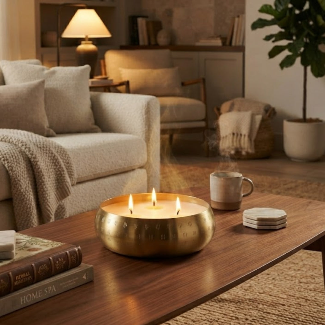 Gold Bowl 3-Wick Scented Candle in Blue Gift Box