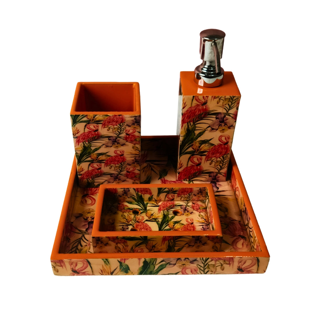 wooden water resistant Flamingo print & enamelled  Bathroom Set of 4