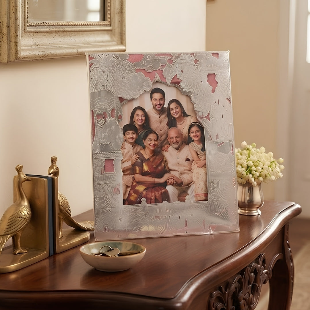 Silver Plated Ornate Designer Photo Frame with Pink Velvet Gift Box