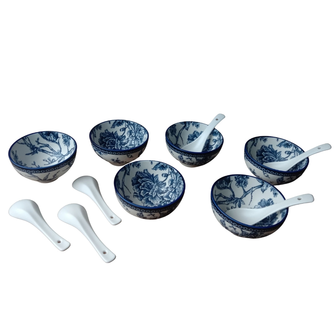 12 Pcs Blue & White Floral Ceramic Soup Bowl Set