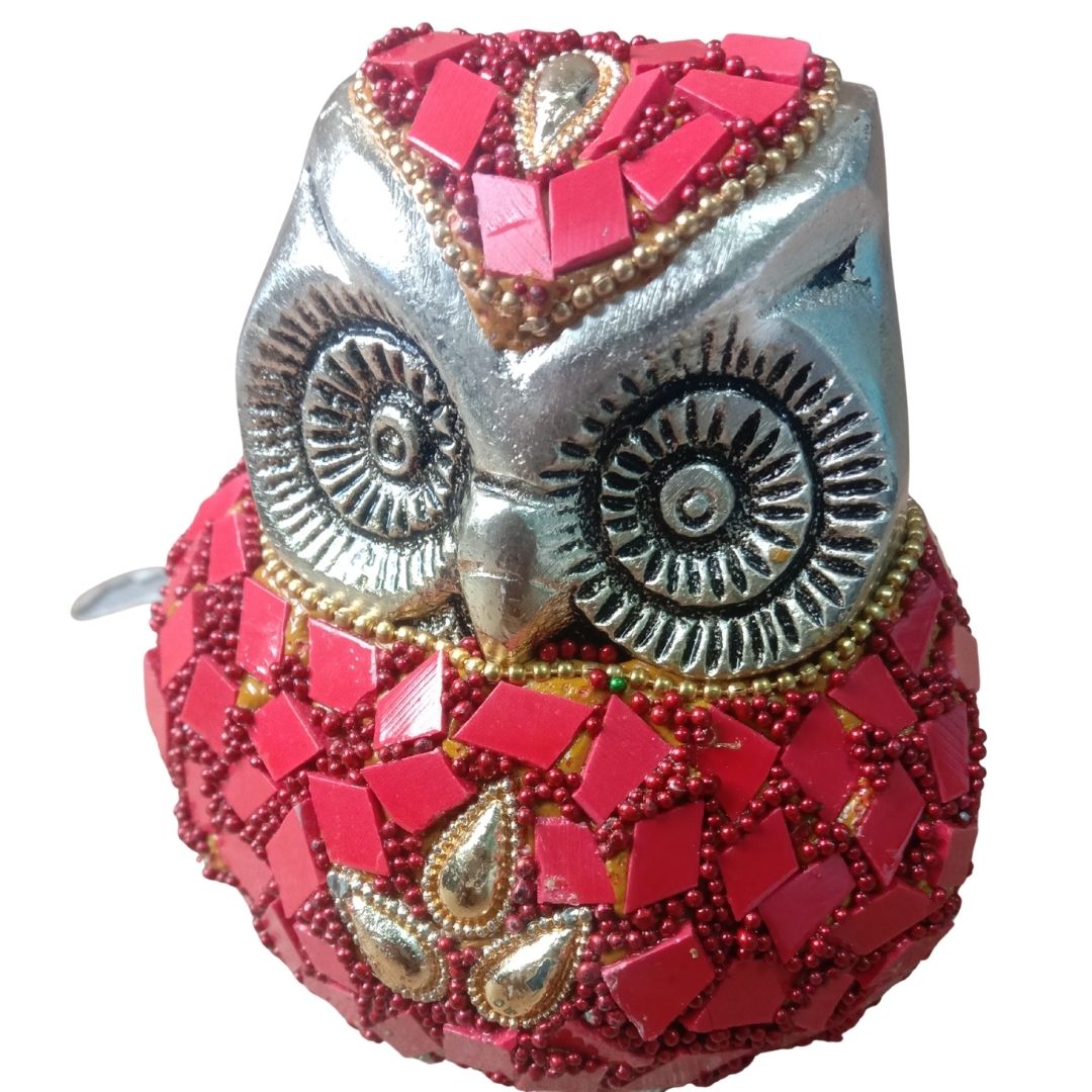 Silver Plated Red Mosaic Owl Figurine in Red Velvet Box for Home Decor