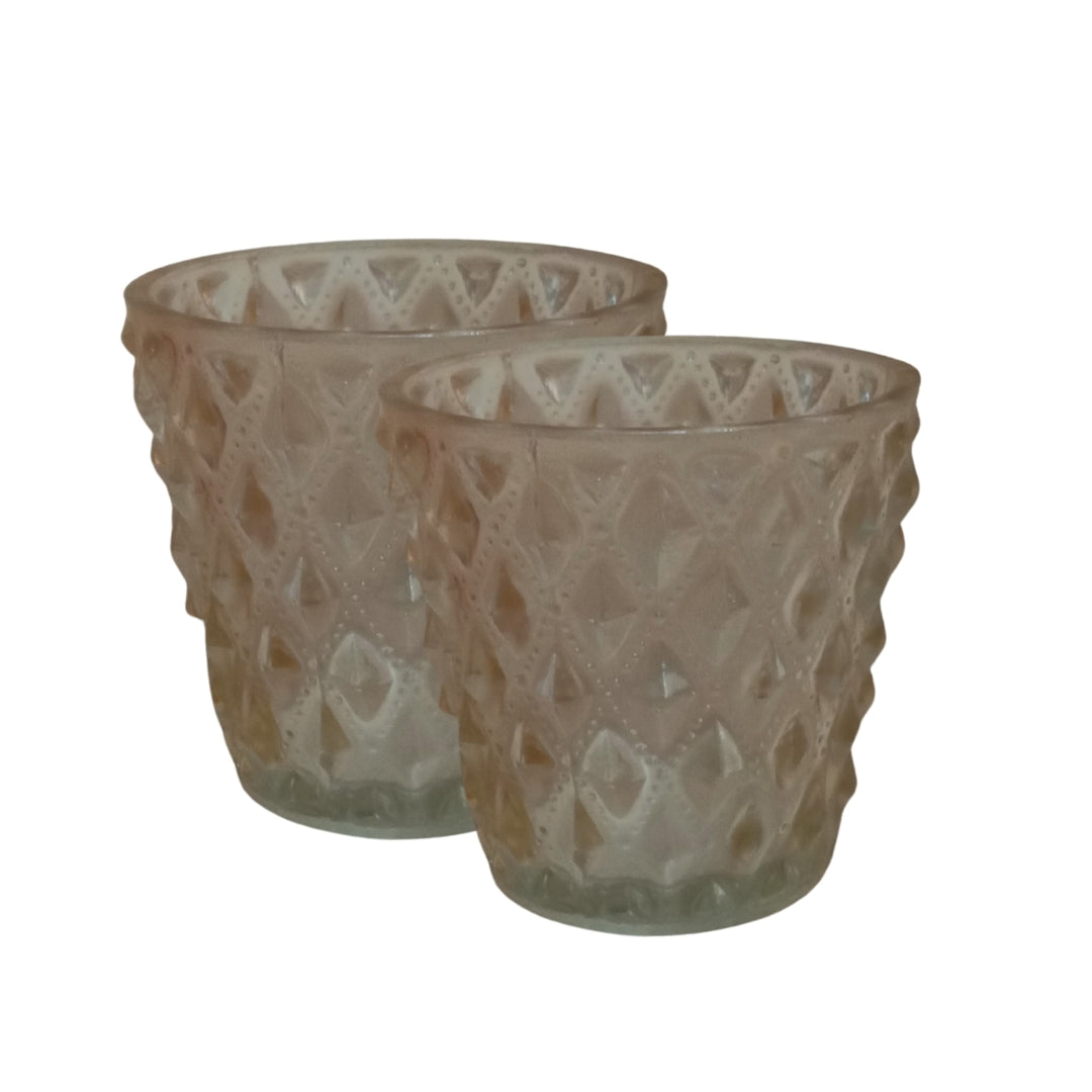 Set of 2 Peach Diamond-Cut Glass Tea Light Votive Holders
