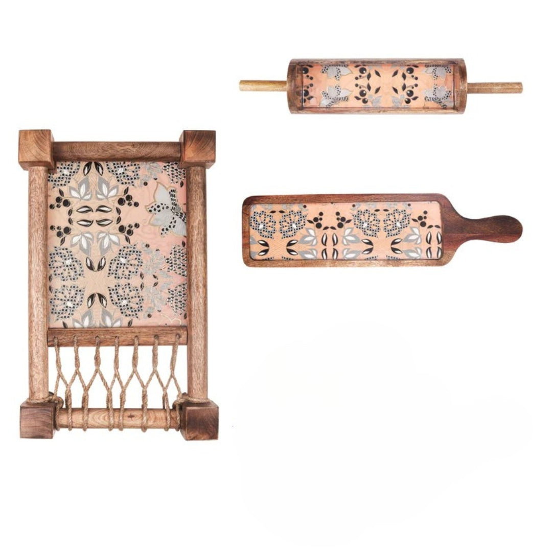 peach flower print & enameled Wooden Khatiya Platter Set of 3 - khatiya platter , belan platter , bat platter