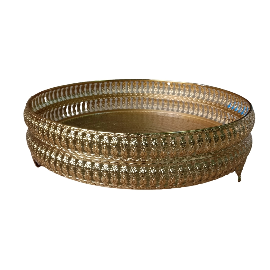 Decorative Gold Round Filigree Tray with Beaded Edges and Ornate Feet