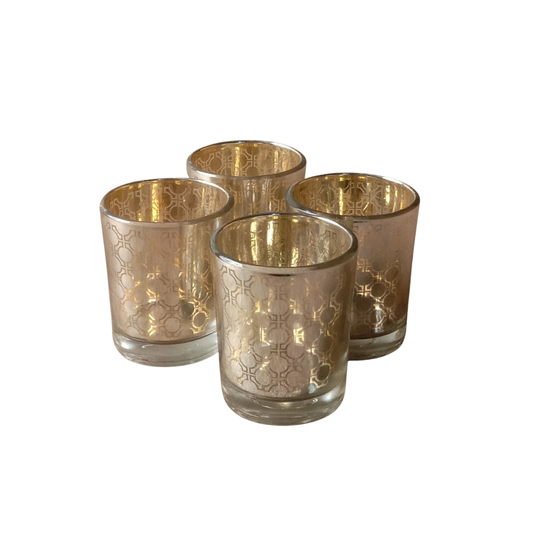 Etched MOsiac Silver Glass Votive Candle Holders - Elegant Small Set of 4