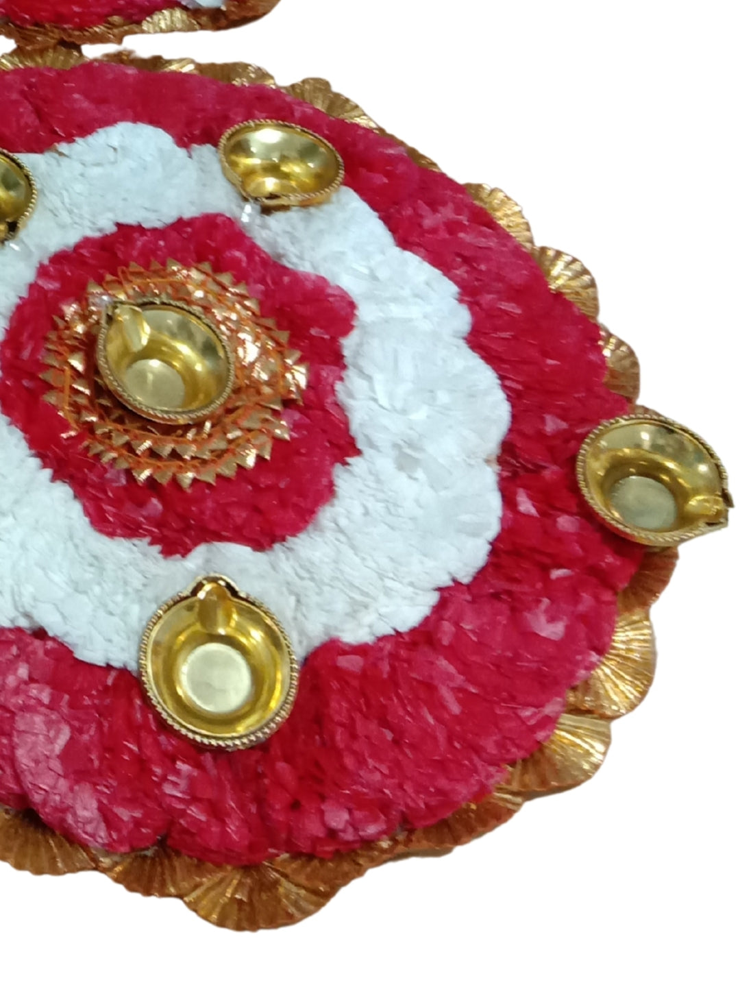 Artifical red & white flowers  rangoli set of 3 with LED diyas - Round