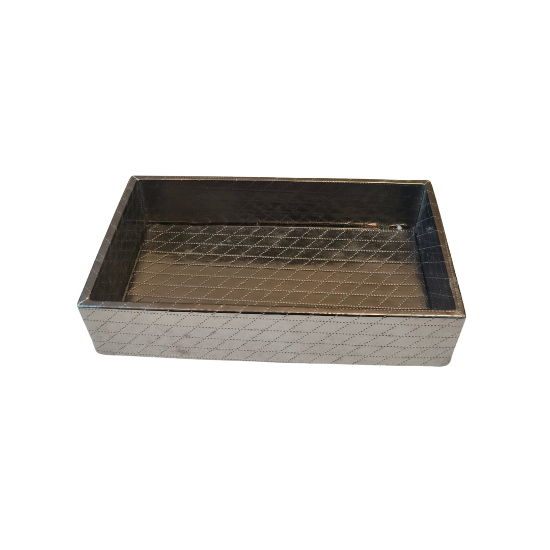 Small Rectangle silver leatherette tray with wooden base