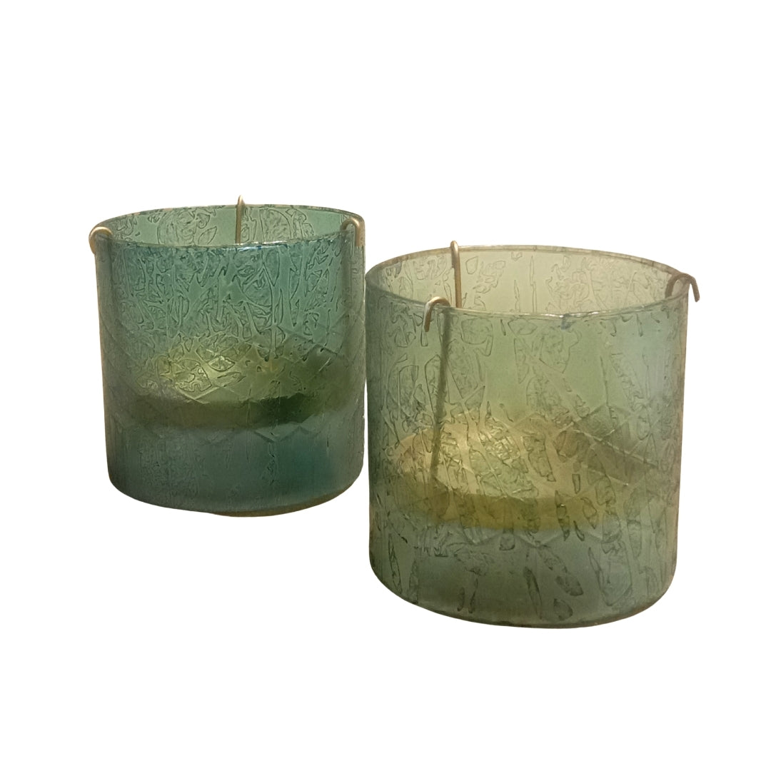 Set of 2 lightBlue Glass Votives with Internal Metal Tea Light Holders