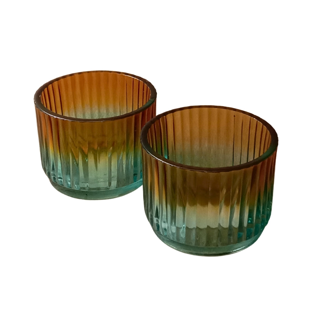 Set of 2 Ribbed Glass Tea Light Holders – Blue & Orange