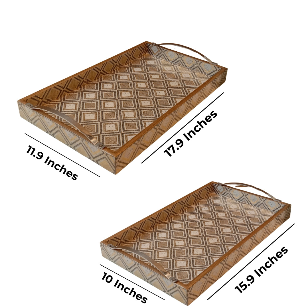 Tray Set Of 2 - Wooden Grey Diamond abstract print & Enamel Rectangle