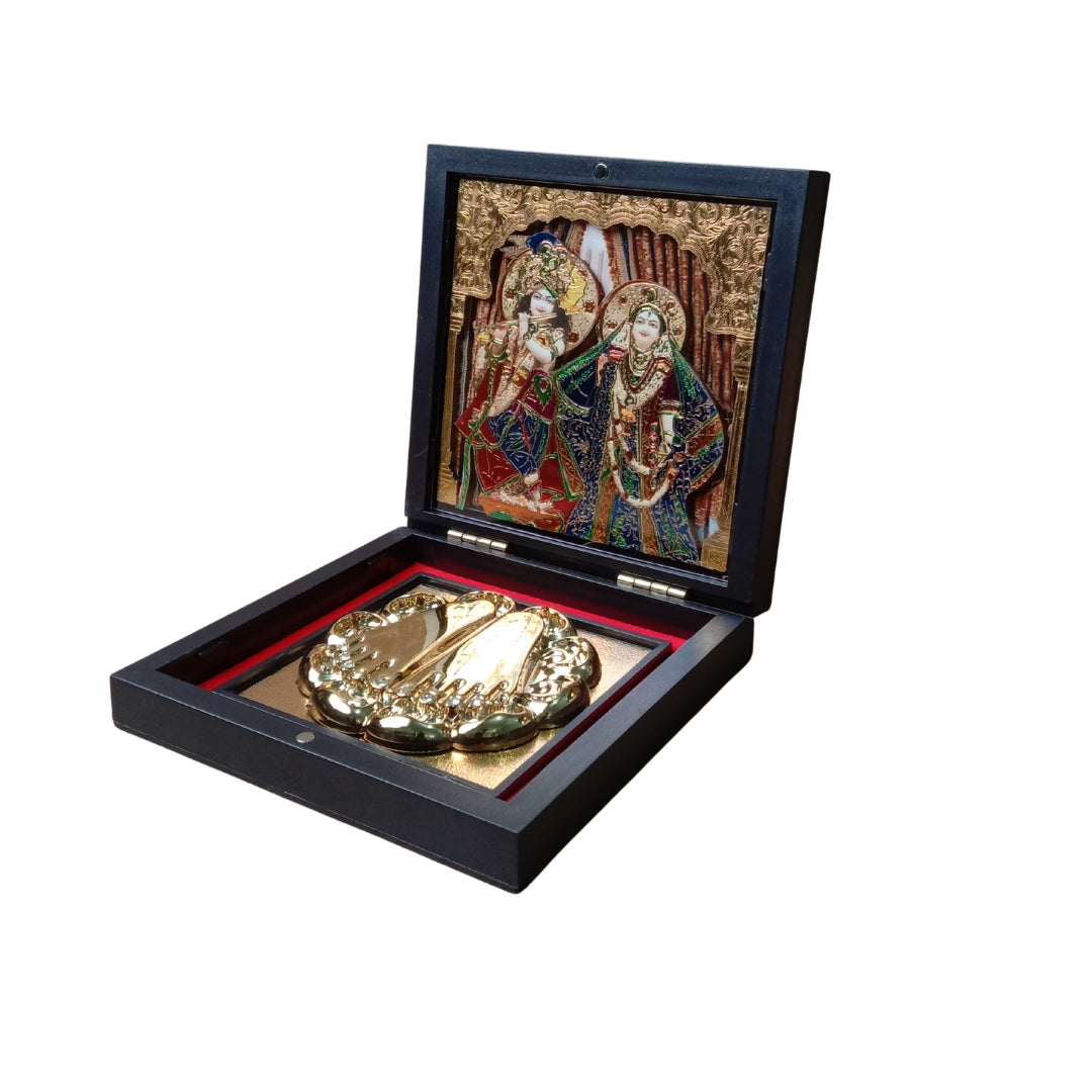 Premium 24K Gold & 999 pure Silver Plated Radha Krishna Charan Paduka Pooja Box