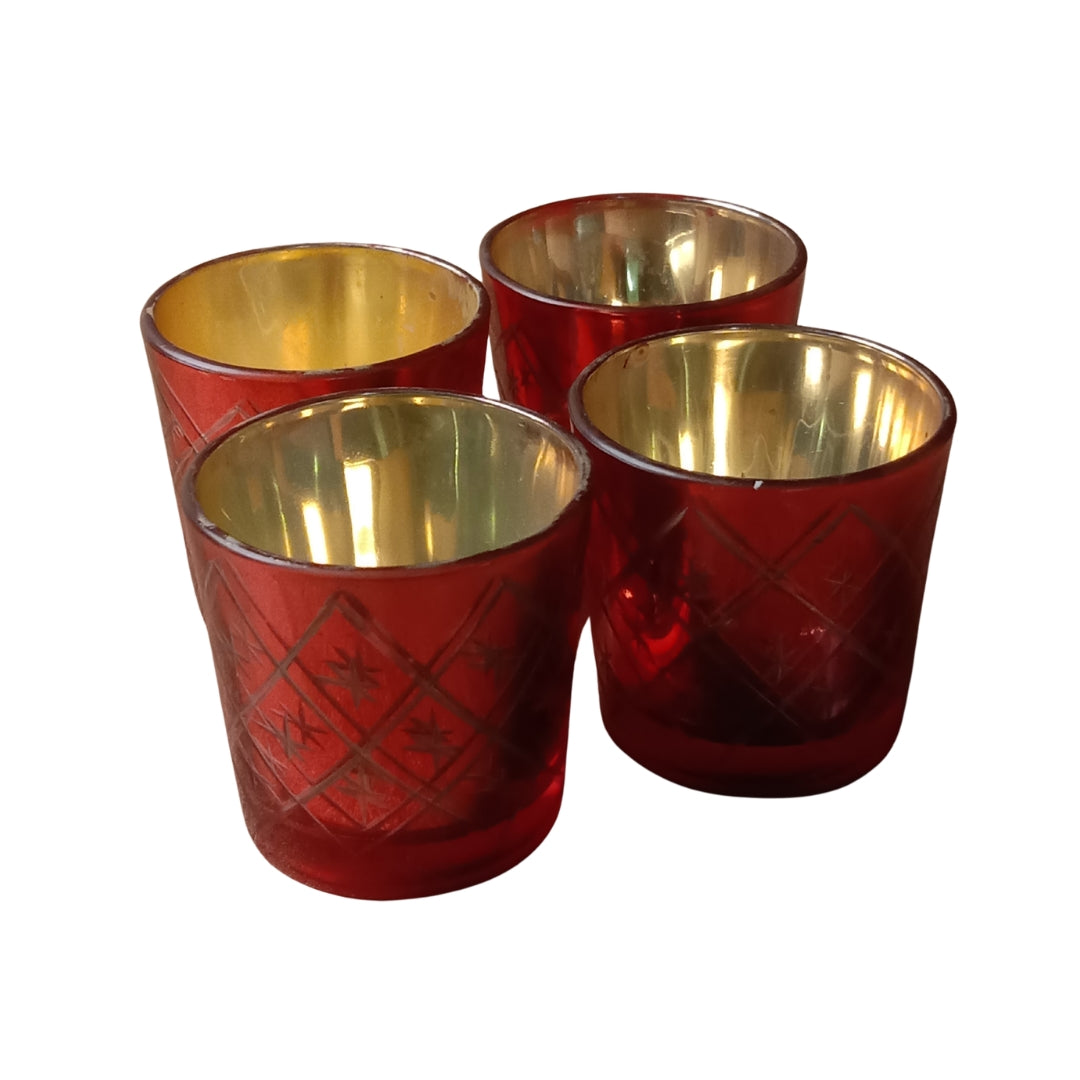 Etched Red Glass Votive Candle Holders - Elegant Small Set of 4