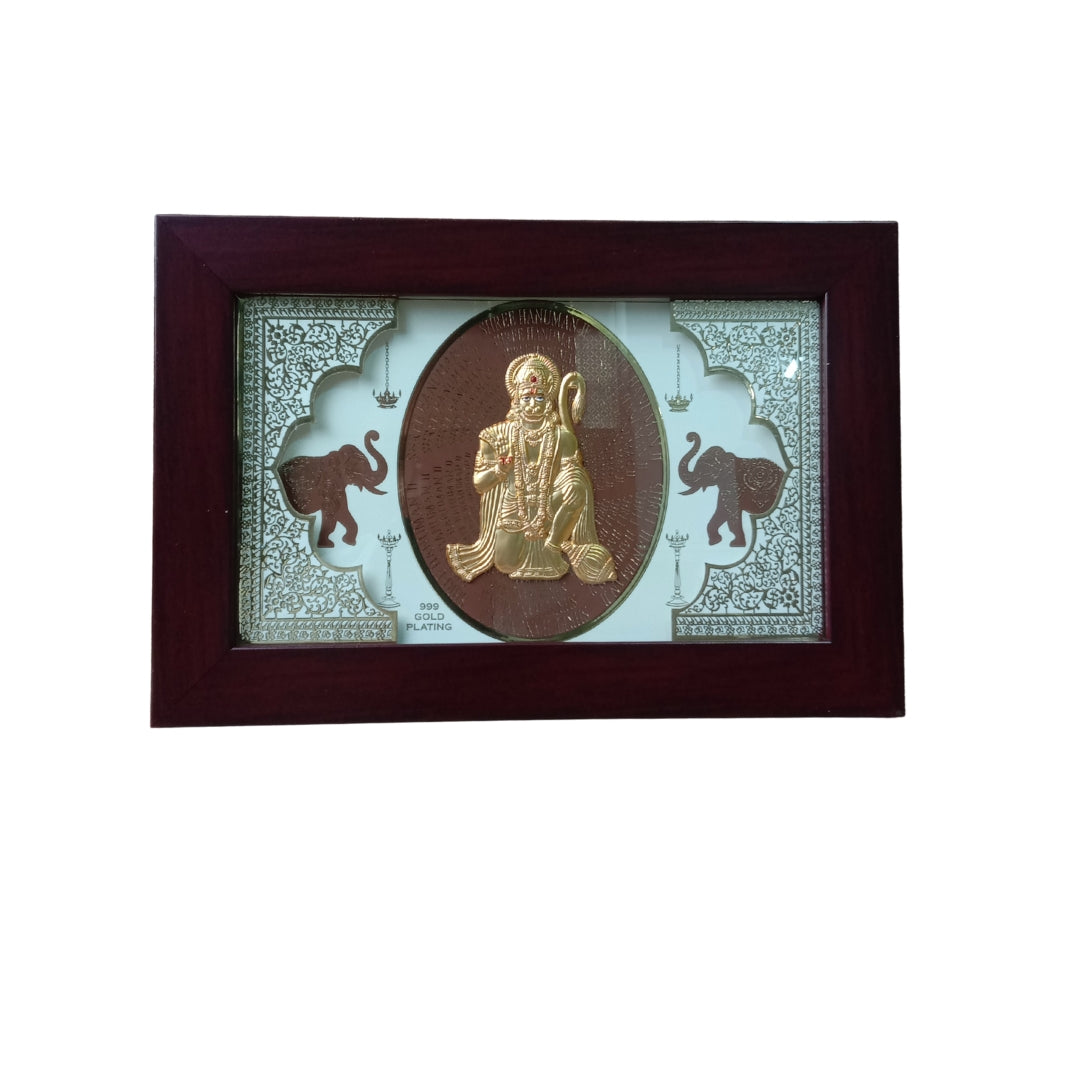 24K Gold Plated Shree Hanuman Ji Wooden Photo Frame | Divine Bajrangbali Idol for Wall & Table