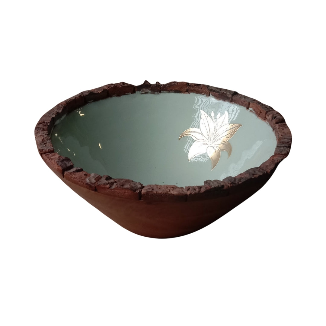 Green Enamel Wooden Salad Bowl with Tulip Foil Print