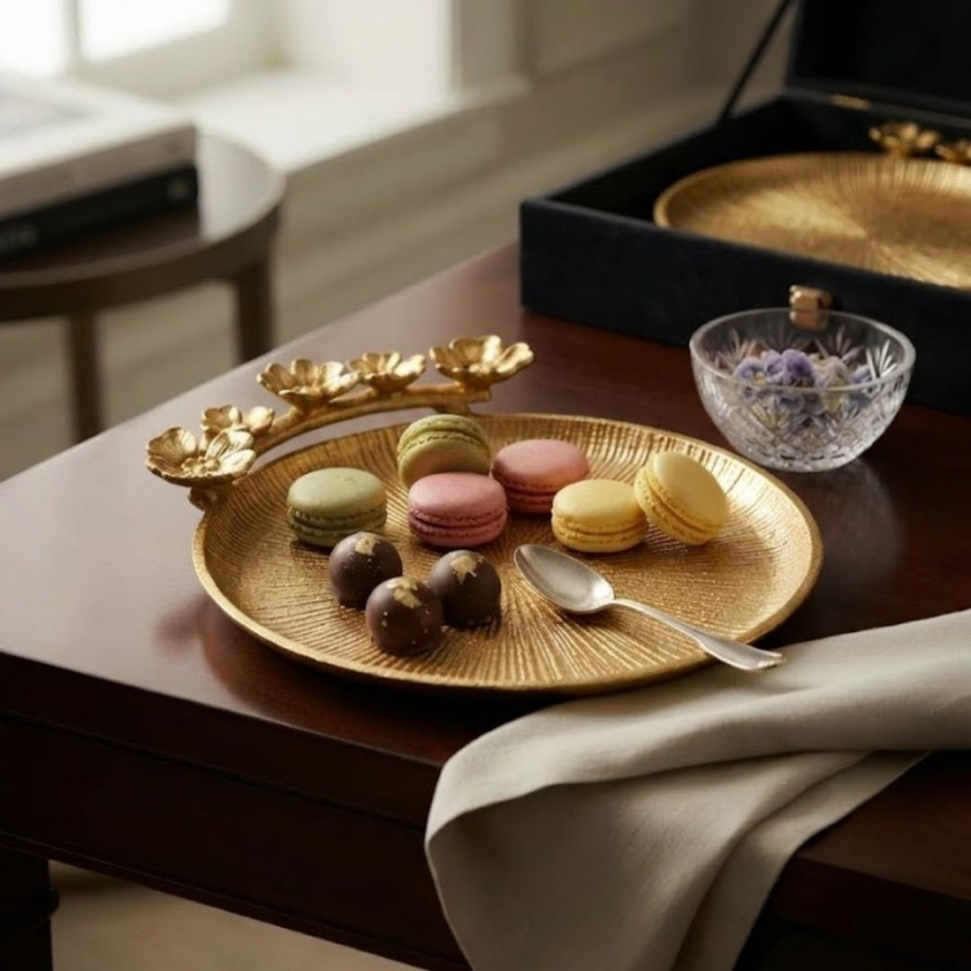 Decorative GOLD Floral Platter with Velvet Box