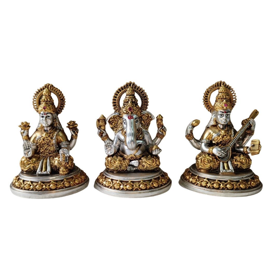 The Home Co. 999 Pure Silver & 24K Gold Plated Lakshmi, Ganesha & Saraswati Idol Set (Small) | Divine Trideva-Tridevi Murti with Premium Velvet Gift Box