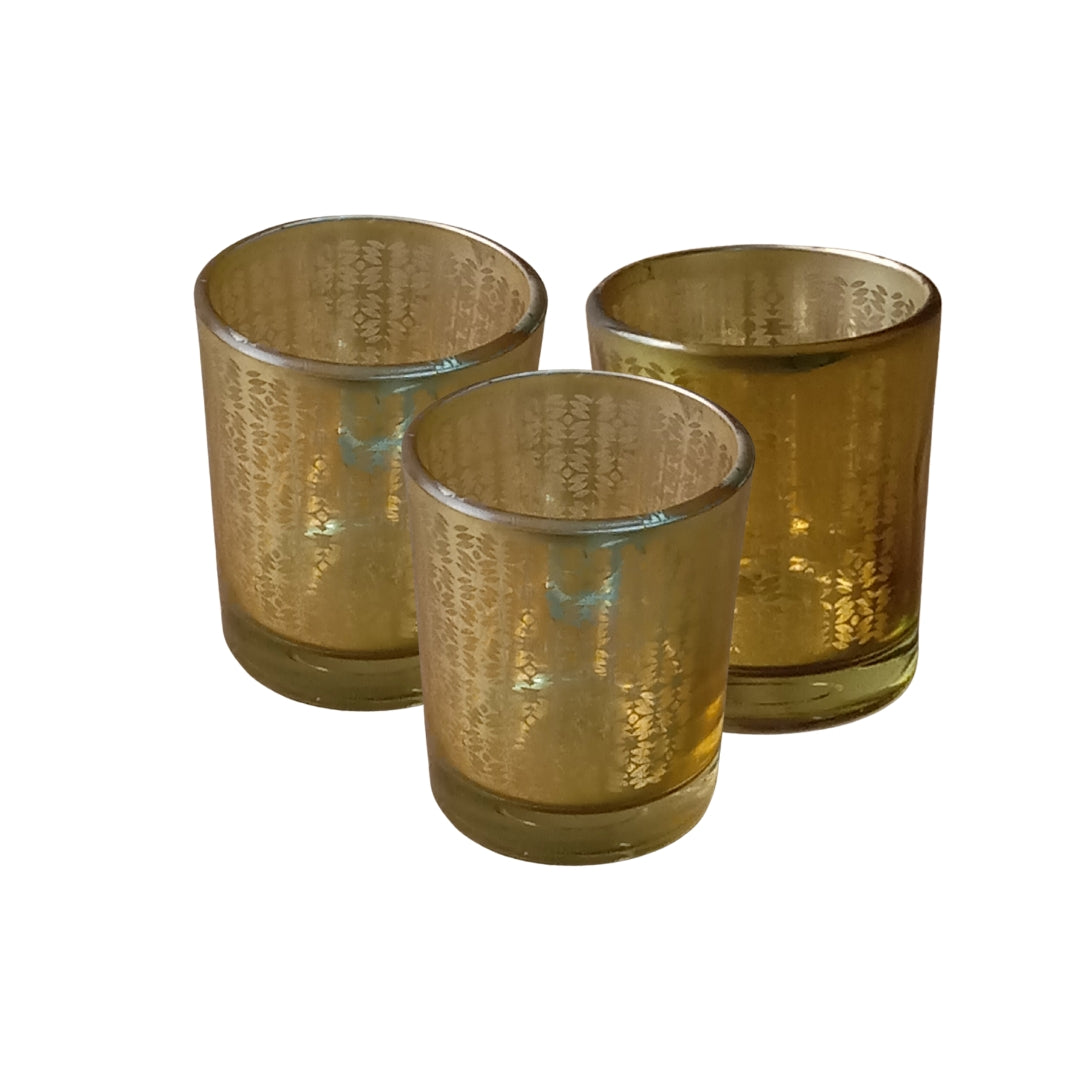 Set of 3 - 2 pc Yellow + 1 pc green Glass Votive Candleholders with Leaf Etching