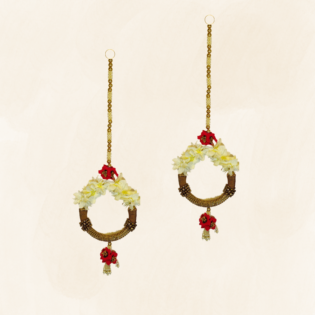 White & Red Flower Side Hanging  Set Of 2 - Scalp Shape