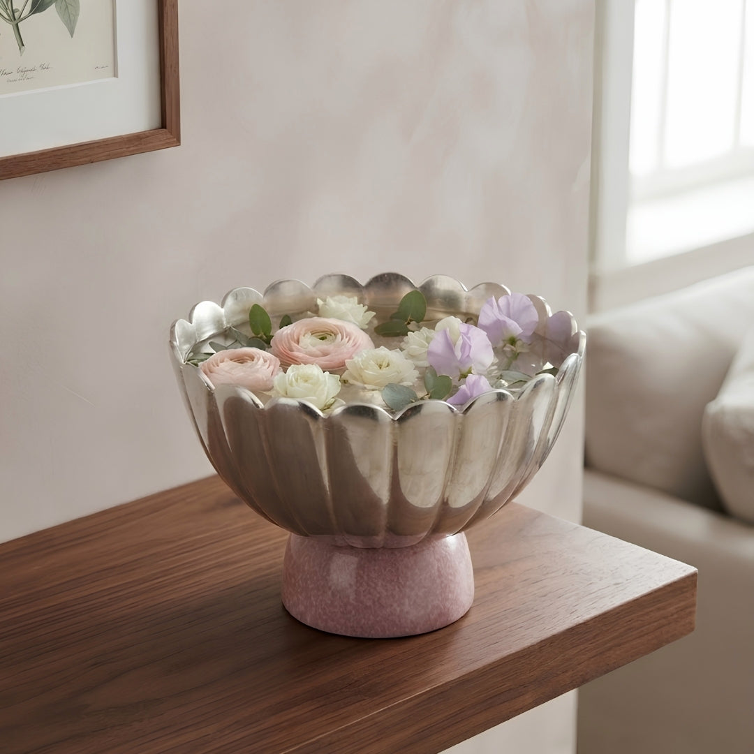 Silver-Plated Scalloped Pedestal Bowl with Pink Base