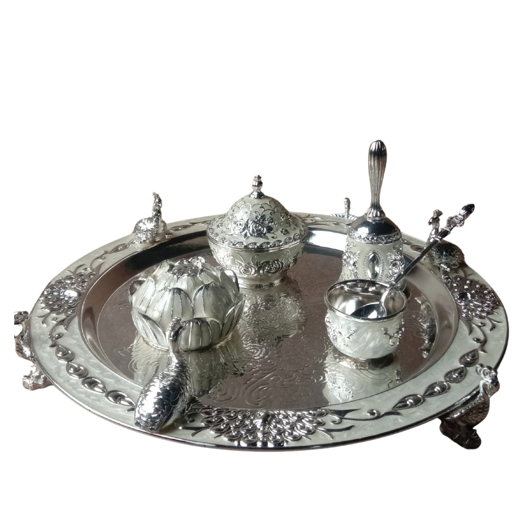 Silver-Plated Peacock Design Pooja Thali Set