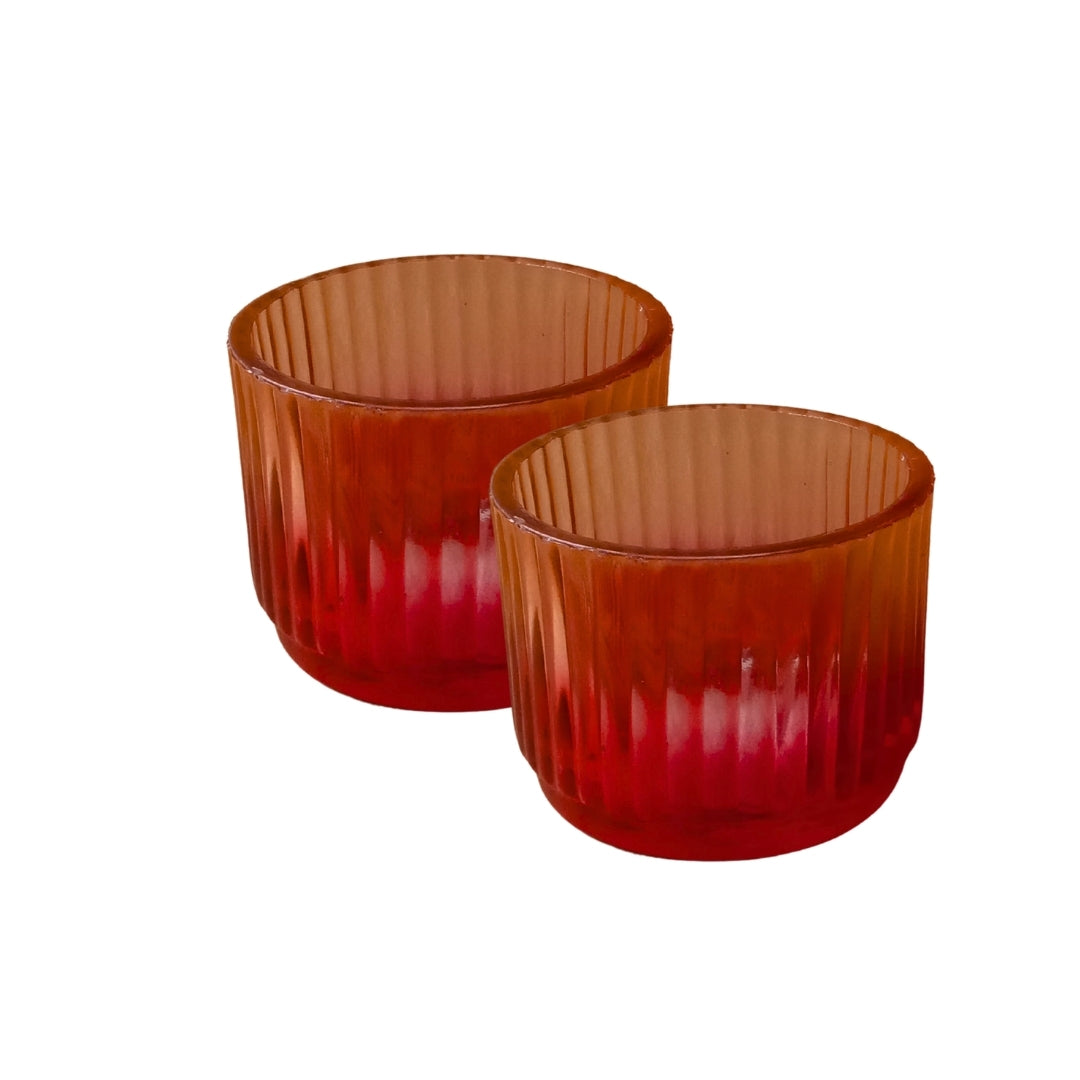 Set of 2 Red/Peach Ribbed Glass Tea Light Holders