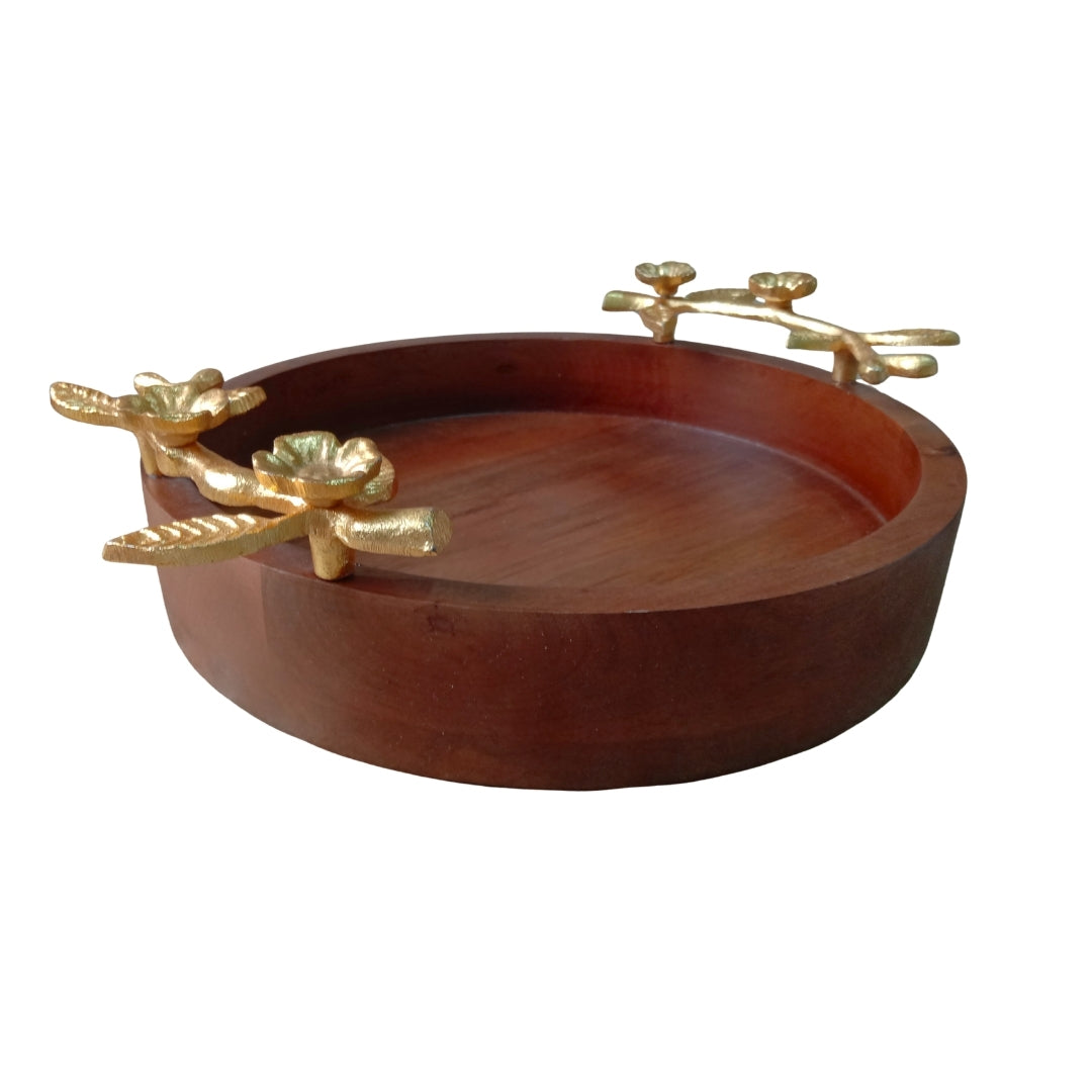 Wooden Small Round Serving Tray with Gold Floral Branch Handles