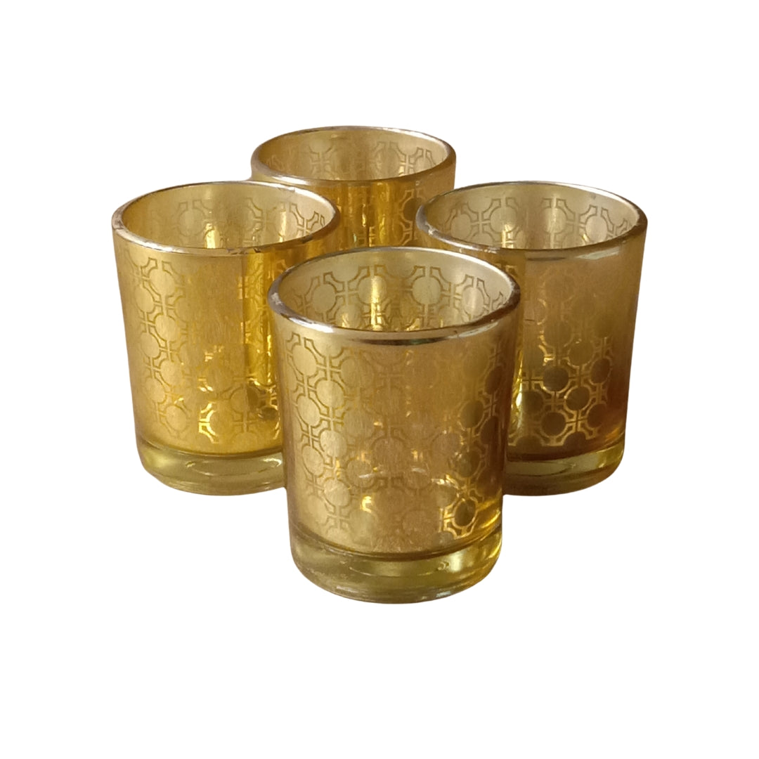 Etched Mosiac design Gold Glass Votive Candle Holders - Elegant Small Set of 4