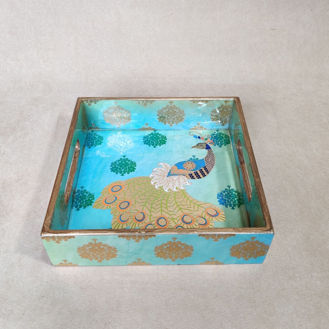 Square Tray Set Of 3 - Green Peacock