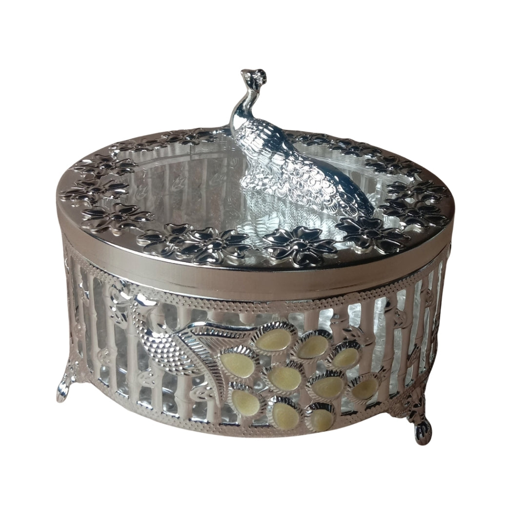 white metal Decorative Silver Peacock Design Round Storage Box with Lid