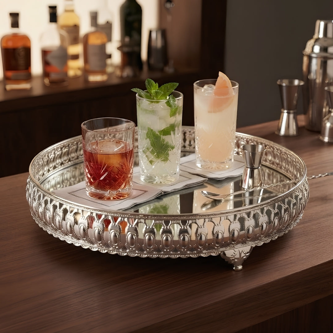Decorative Silver Filigree Mirrored Tray with Feet