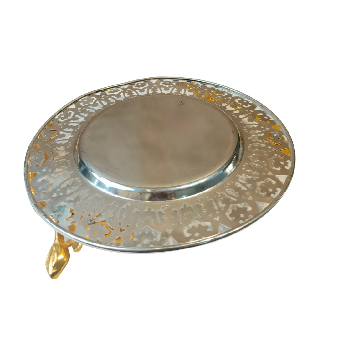 Brass metal silver plated round cutwork tray with metal handle large