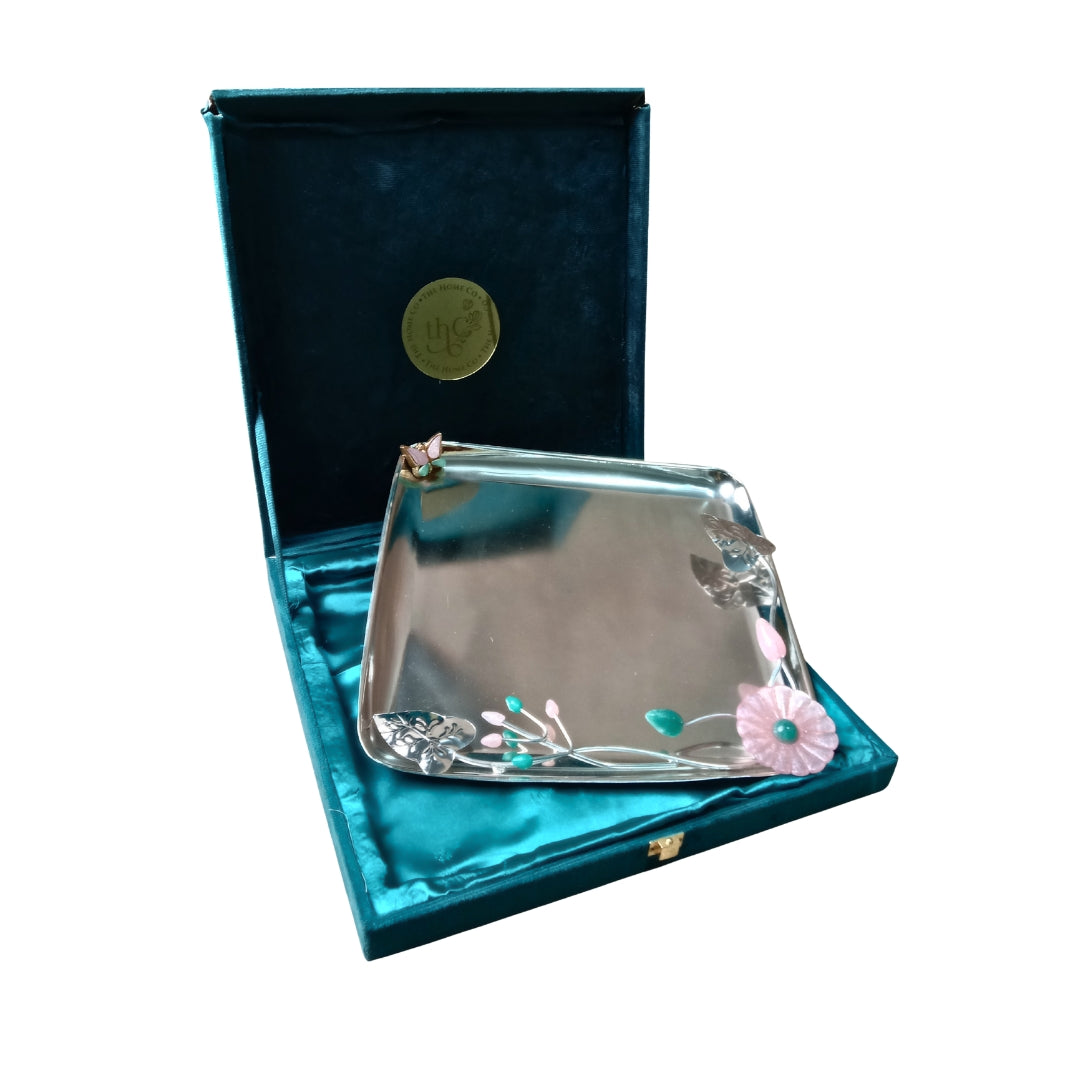 Silver-Plated Square Platter with Floral and Butterfly Embellishments