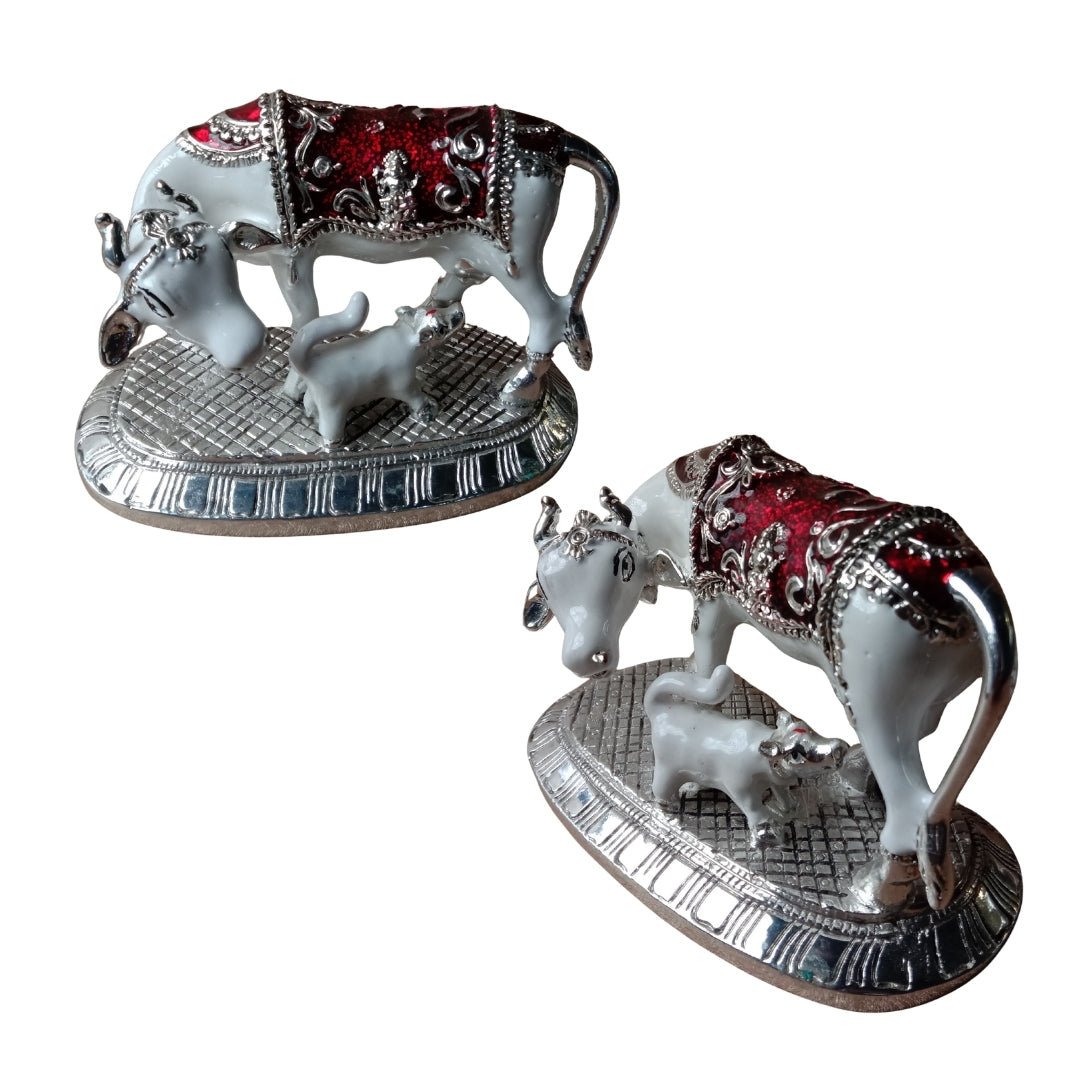 The Home Co. 999 Pure Silver Plated with meena Kamdhenu Cow & Calf Idol with Om Detail (4.5") | Single-Tone Om Showpiece in Premium Velvet Gift Box
