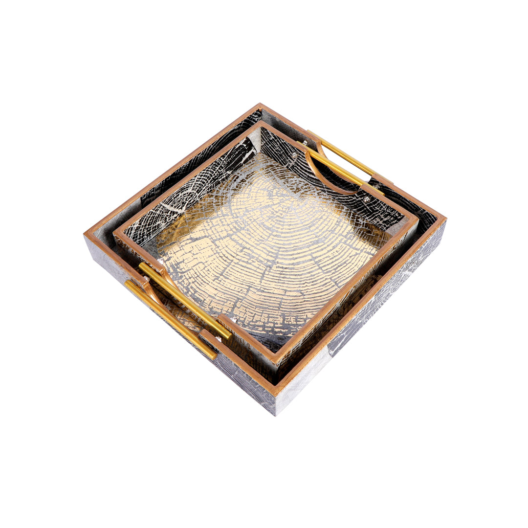 Square Tray Set Of 2 - Grey Gold Spiral