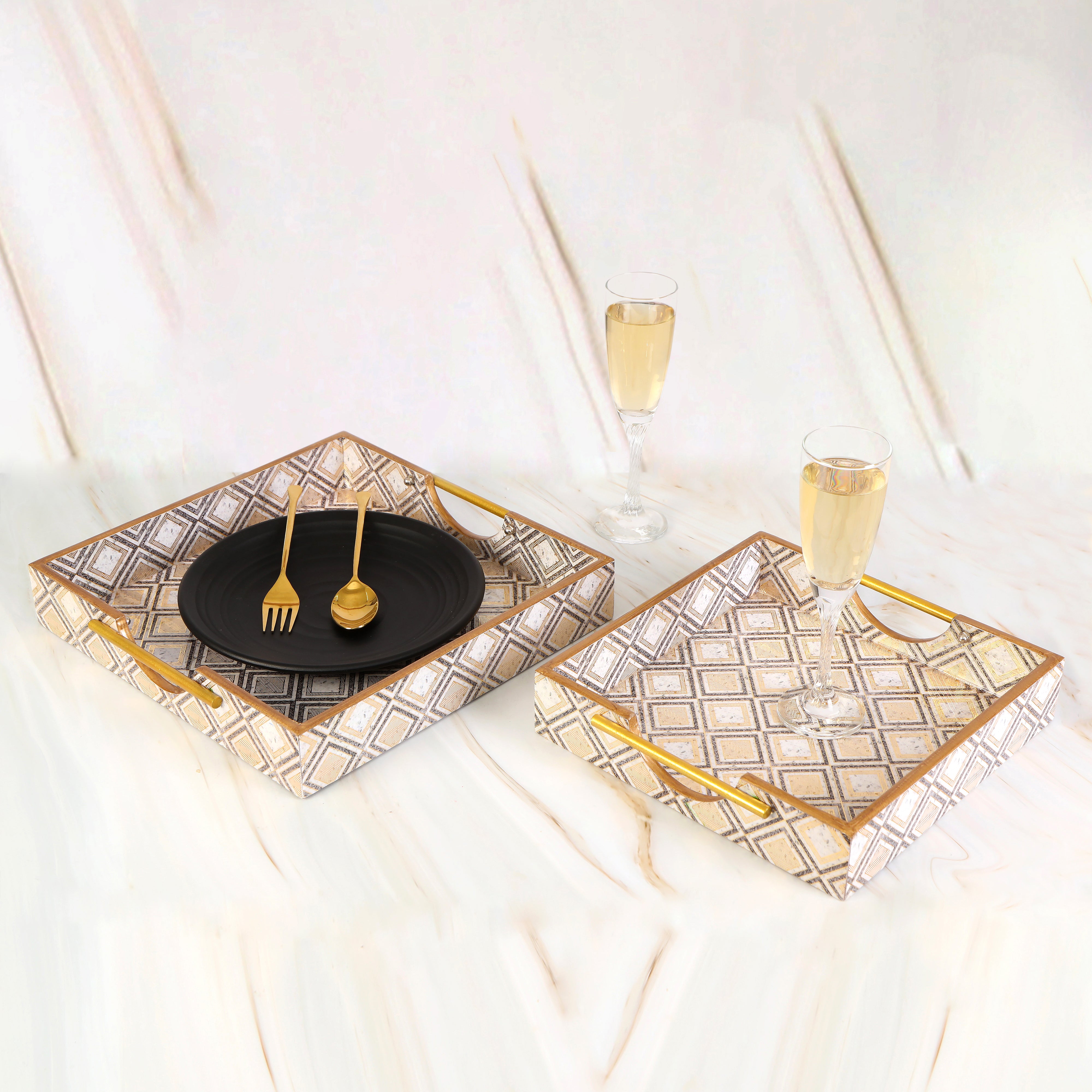 Square Tray Set Of 2 - Grey Diamond