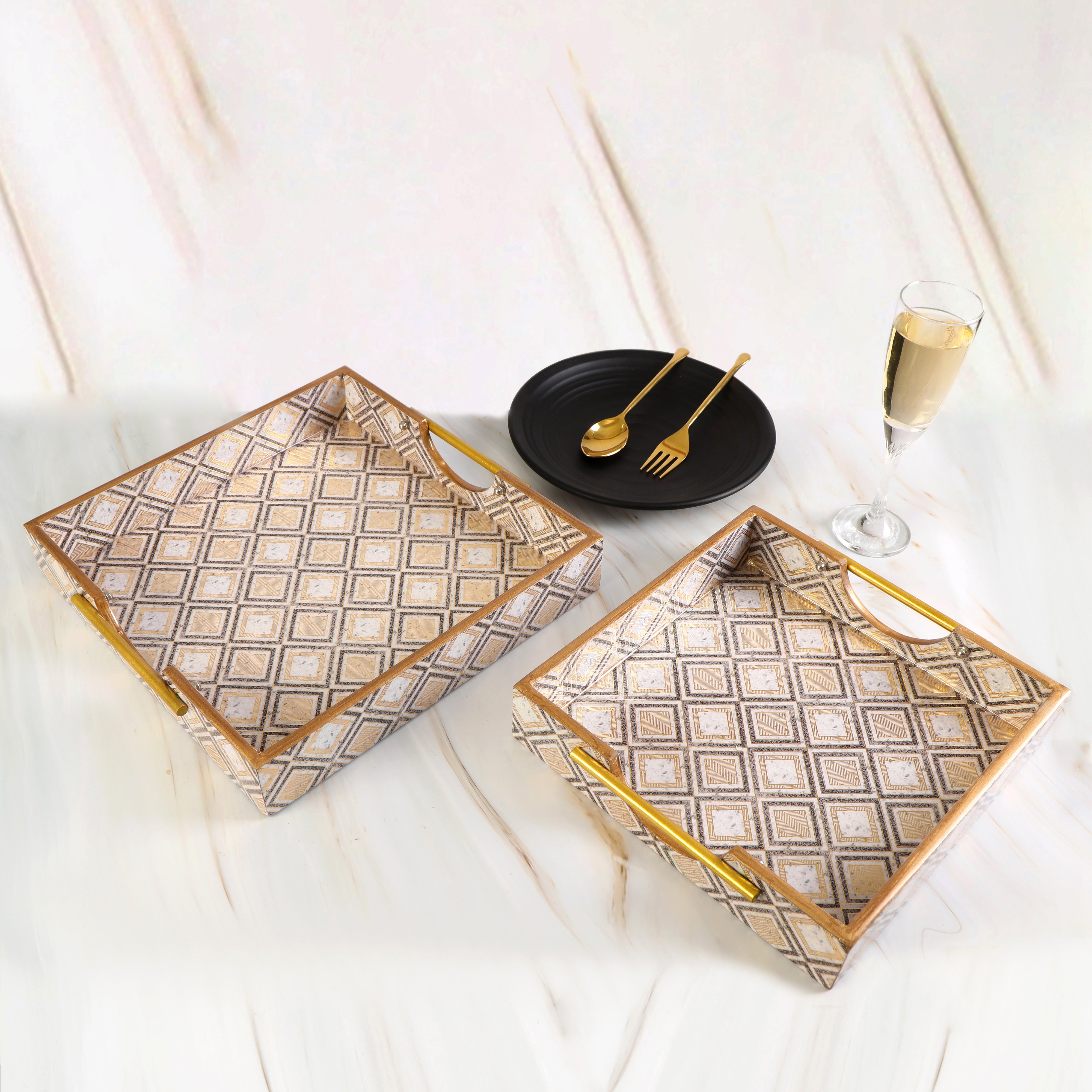 Square Tray Set Of 2 - Grey Diamond