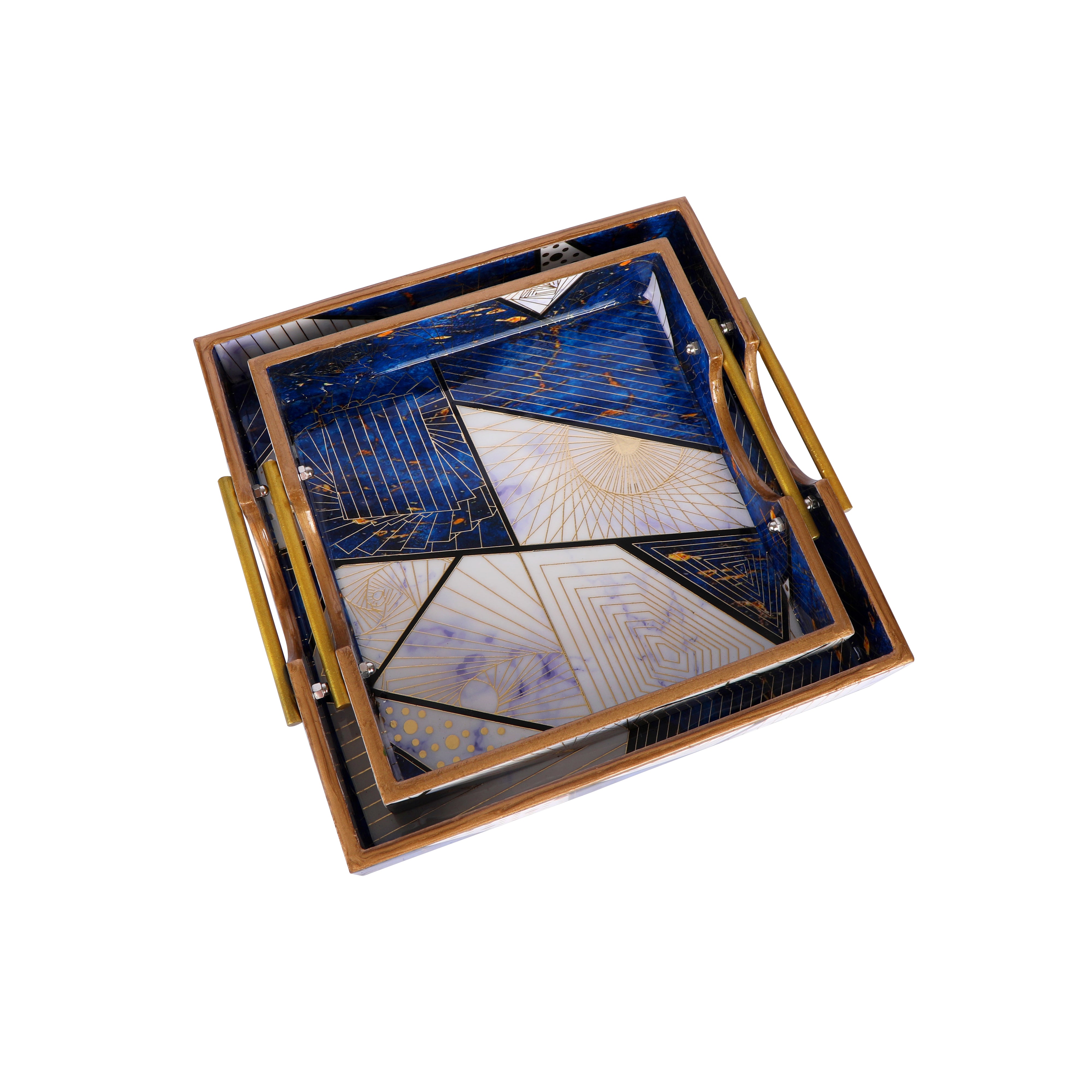 Square Tray Set Of 2 - Blue Triangle