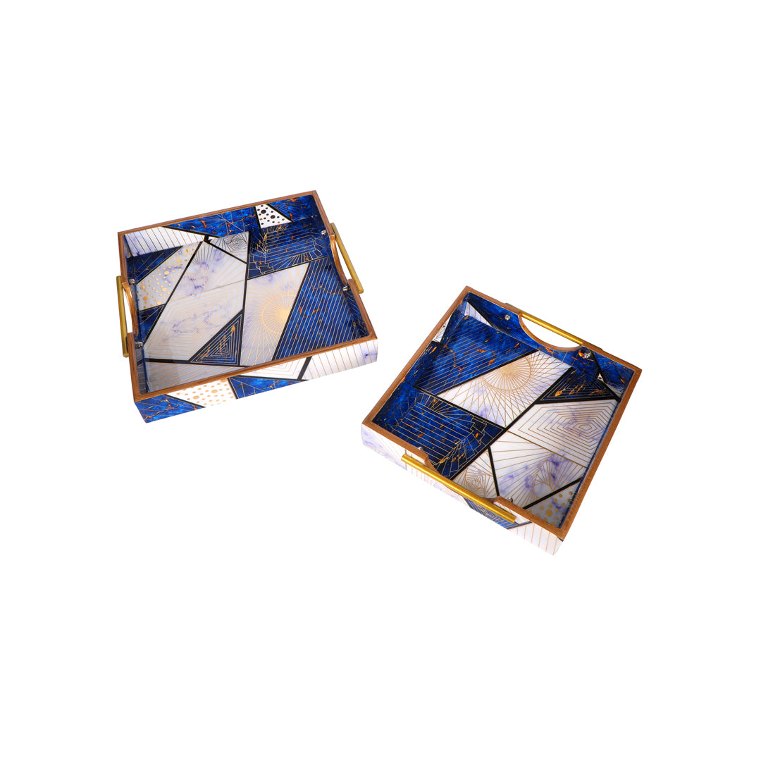 Square Tray Set Of 2 - Blue Triangle