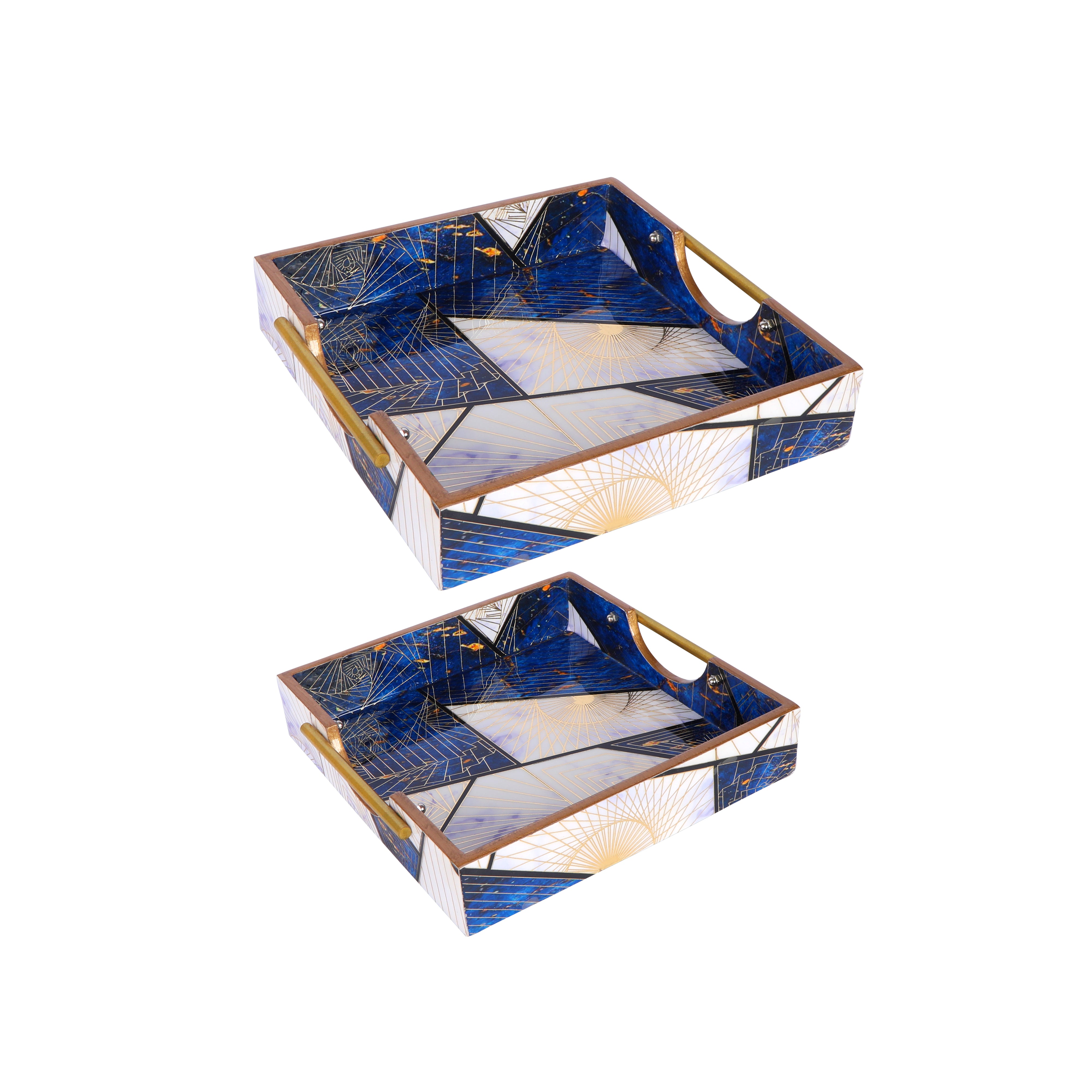 Square Tray Set Of 2 - Blue Triangle