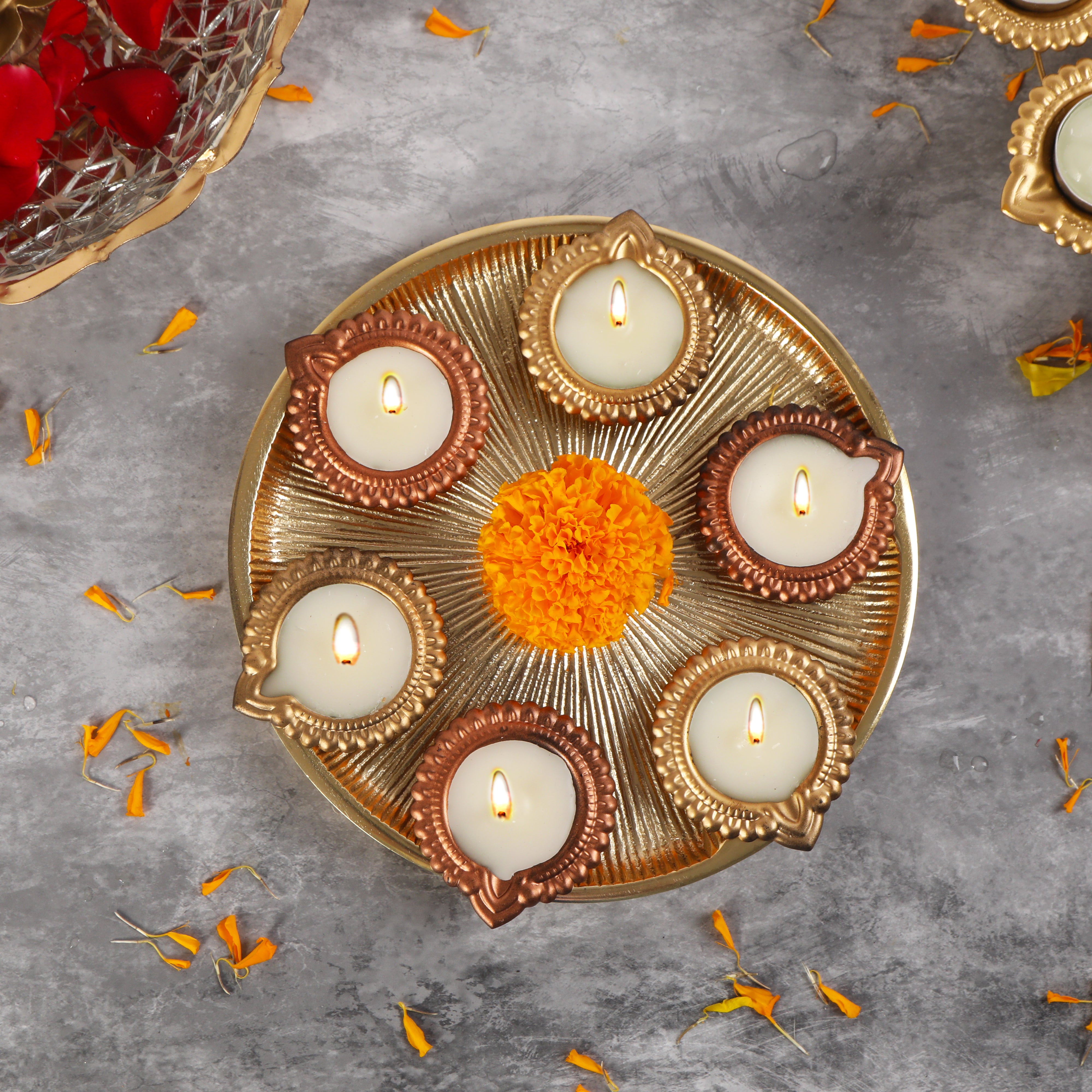 Metal Diya Filled With Wax - Gold & Copper