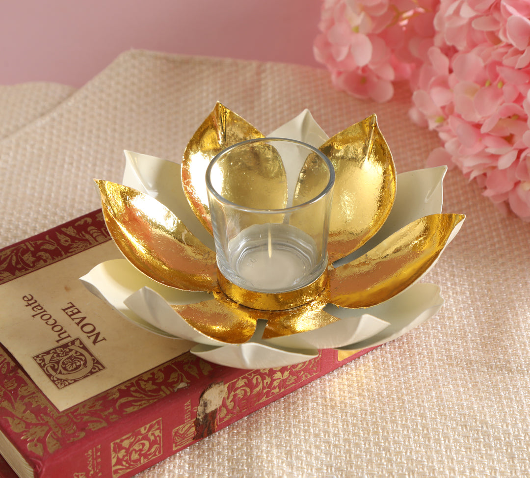 Tea Light Candle Stand - Gold & Cream Foil Lotus Tea Light Candle Holder - The Home Co.