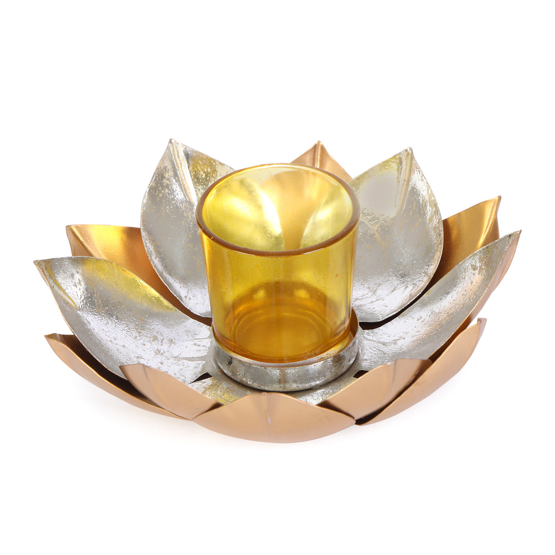 Tea Light Candle Stand - Gold & Silver Foil Lotus Tea Light Candle Holder 1- The Home Co.