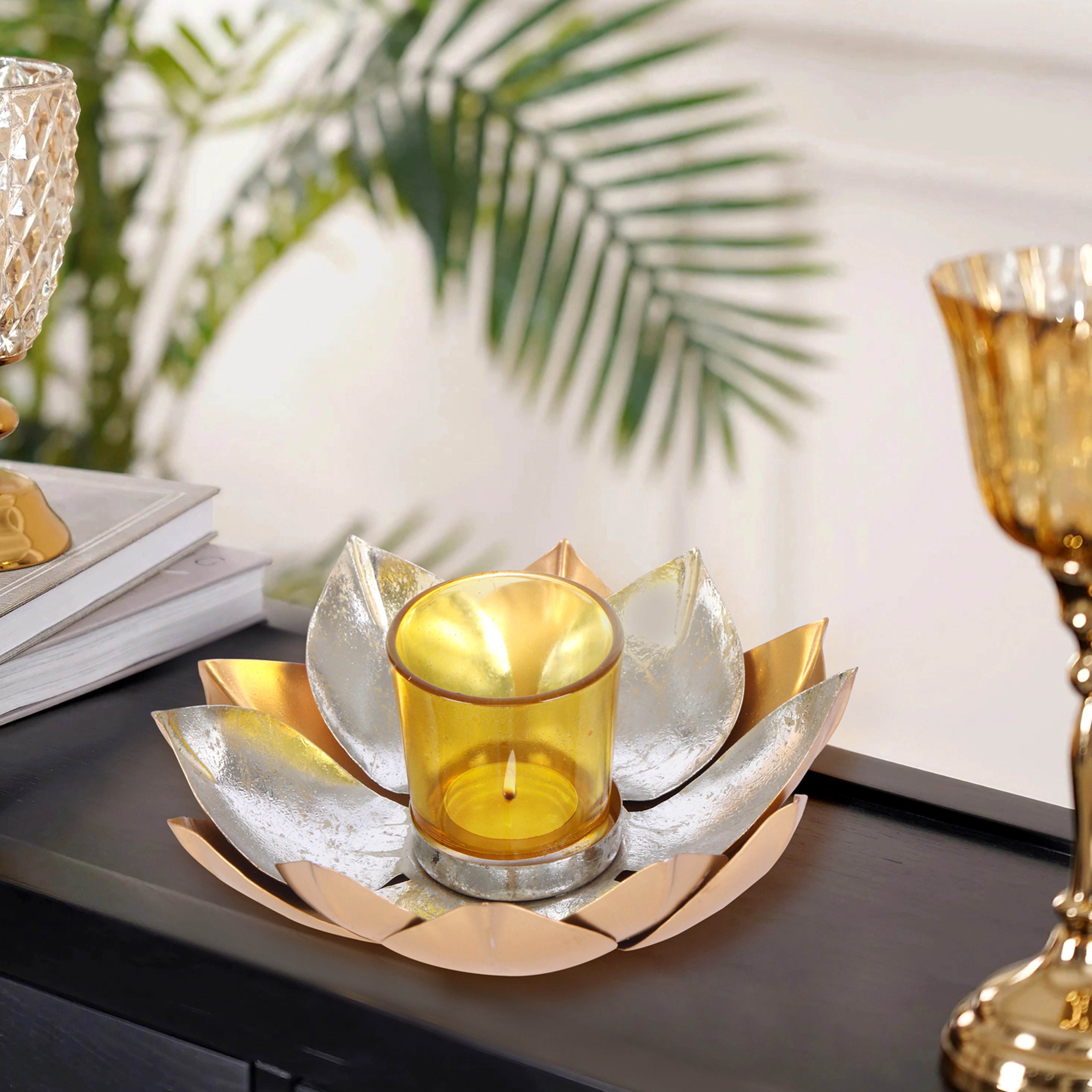 Tea Light Candle Stand - Gold & Silver Foil Lotus Tea Light Candle Holder