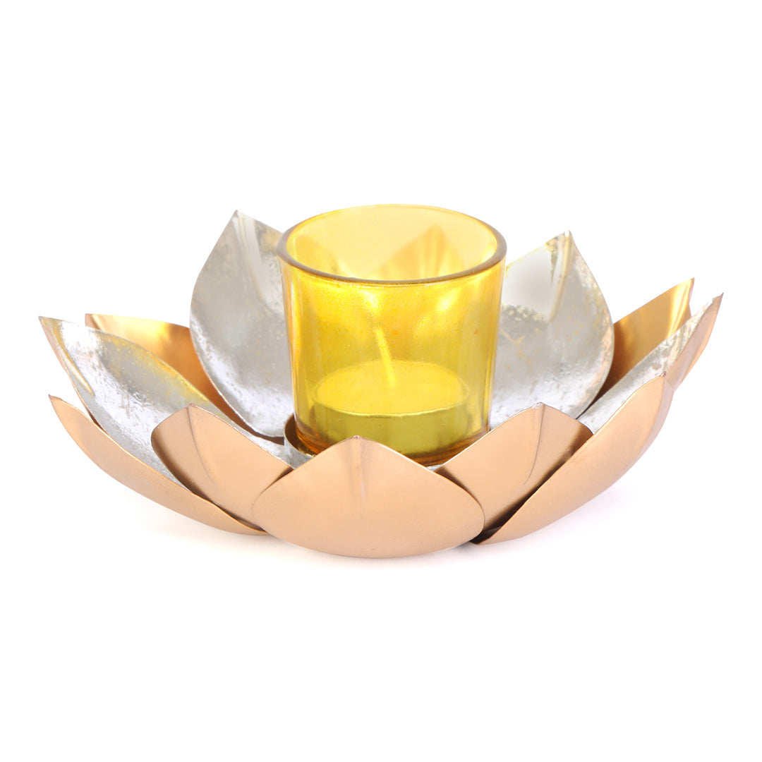 Tea Light Candle Stand - Gold & Silver Foil Lotus Tea Light Candle Holder 3- The Home Co.