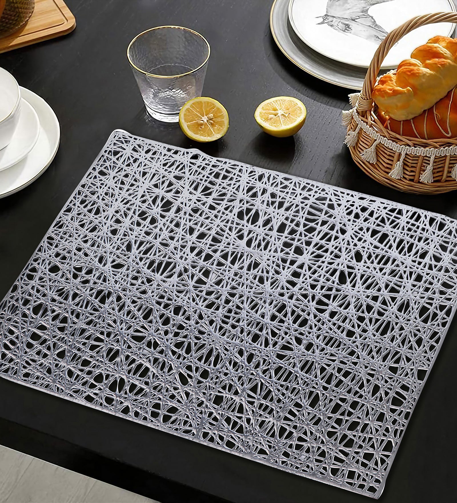 Leatherette Lazor Cut Rectangle Tablemats - Silver Mix Jali Cut