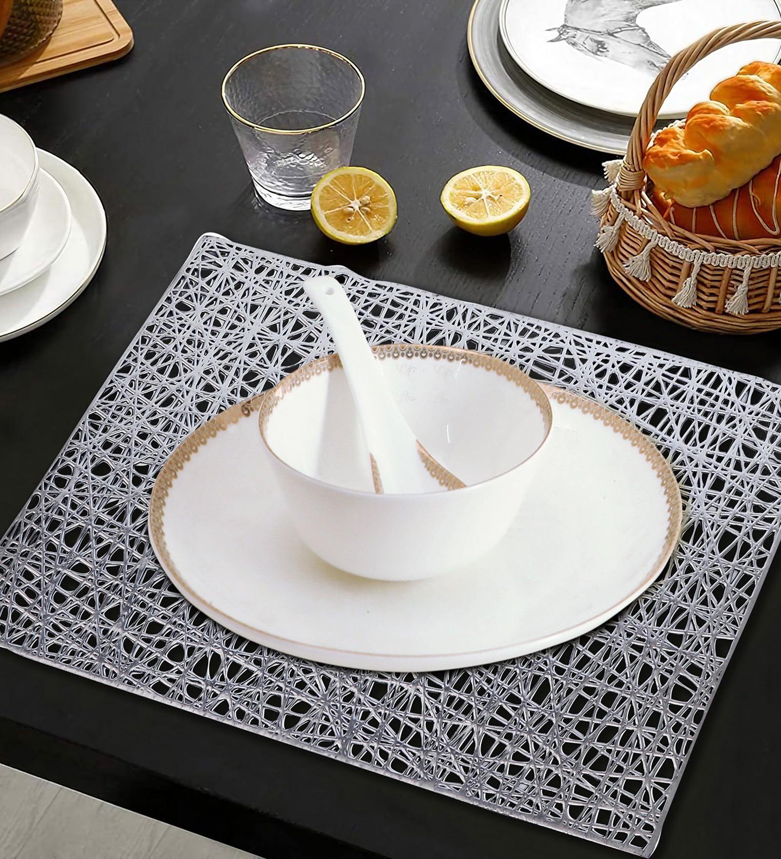 Leatherette Lazor Cut Rectangle Tablemats - Silver Mix Jali Cut