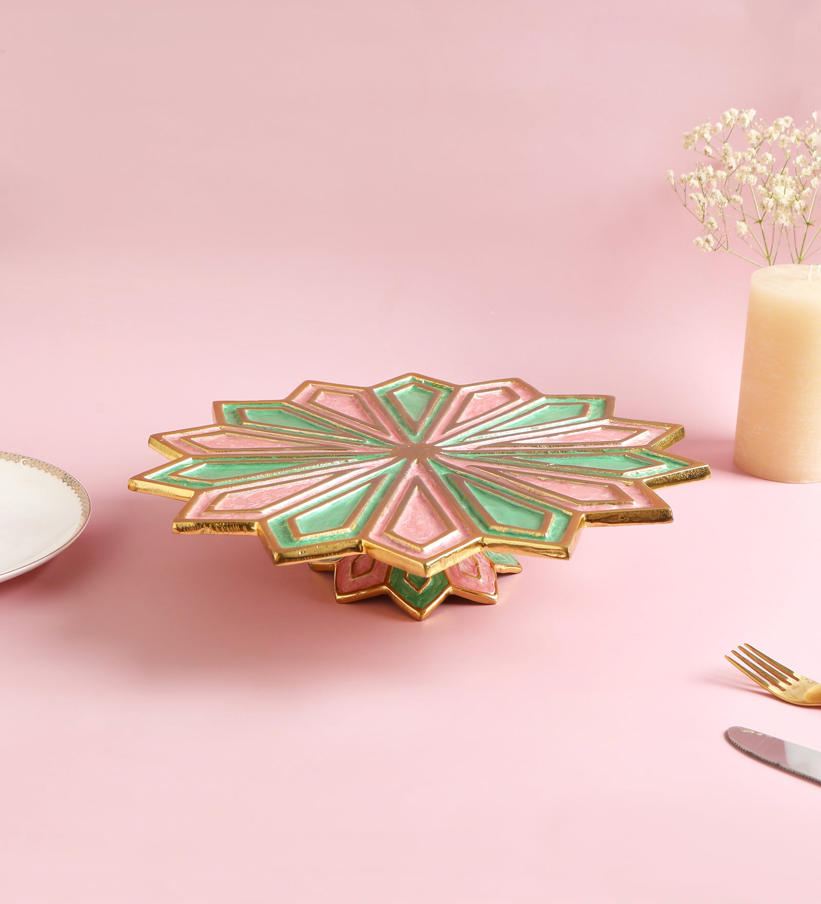 Cake Stand - Pink & Green Enamel